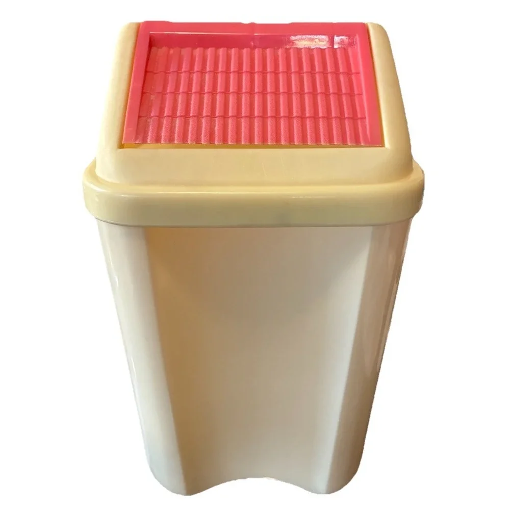 Vintage Trash Can Beige Pink Roof Small 11.5x7x6.5